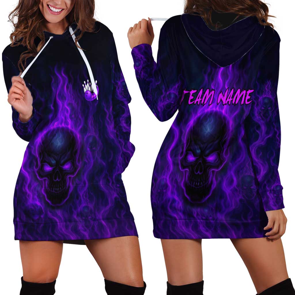 Custom Bowling Purple Flame Skull Hoodie Dress Custom Team Name on Dark Background - Wonder Print Shop