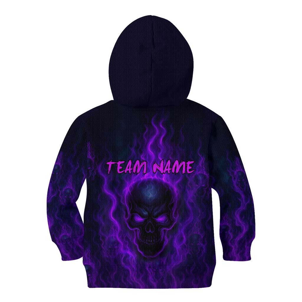 Custom Bowling Purple Flame Skull Kid Hoodie Custom Team Name on Dark Background - Wonder Print Shop