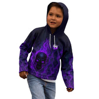 Custom Bowling Purple Flame Skull Kid Hoodie Custom Team Name on Dark Background - Wonder Print Shop