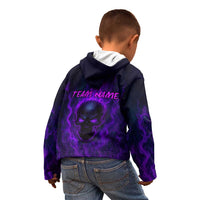 Custom Bowling Purple Flame Skull Kid Hoodie Custom Team Name on Dark Background - Wonder Print Shop