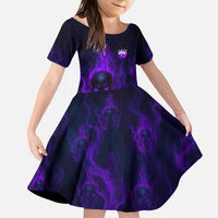 Custom Bowling Purple Flame Skull Kid Short Sleeve Dress Custom Team Name on Dark Background - Wonder Print Shop