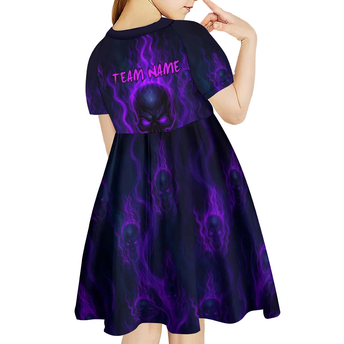 Custom Bowling Purple Flame Skull Kid Short Sleeve Dress Custom Team Name on Dark Background - Wonder Print Shop