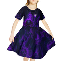 Custom Bowling Purple Flame Skull Kid Short Sleeve Dress Custom Team Name on Dark Background - Wonder Print Shop