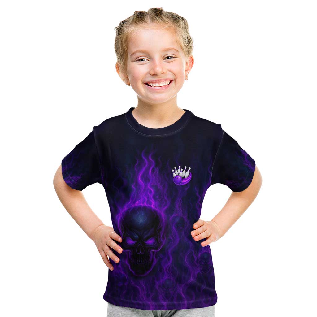 Custom Bowling Purple Flame Skull Kid T Shirt Custom Team Name on Dark Background - Wonder Print Shop