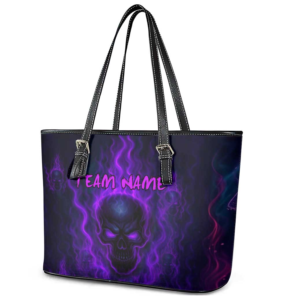 Custom Bowling Purple Flame Skull Leather Tote Bag Custom Team Name on Dark Background - Wonder Print Shop