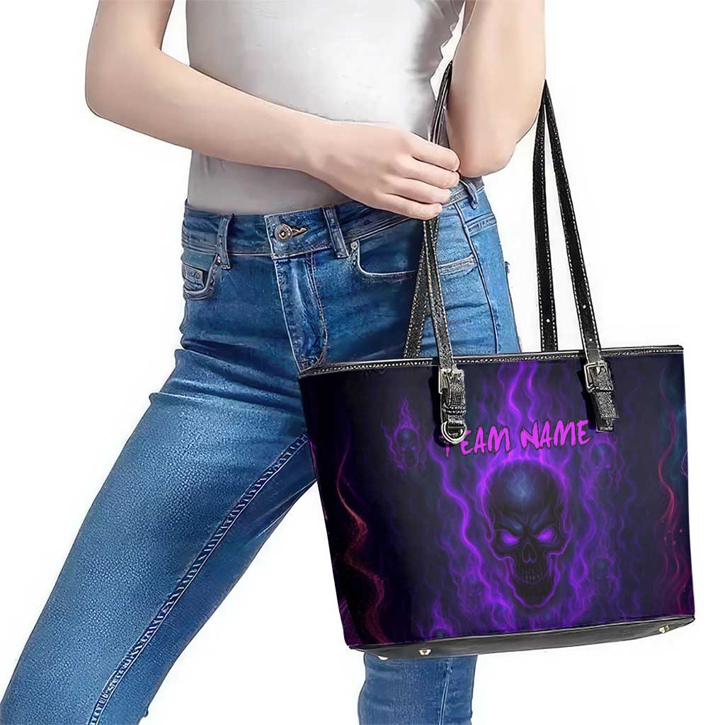Custom Bowling Purple Flame Skull Leather Tote Bag Custom Team Name on Dark Background - Wonder Print Shop
