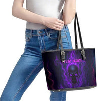 Custom Bowling Purple Flame Skull Leather Tote Bag Custom Team Name on Dark Background - Wonder Print Shop