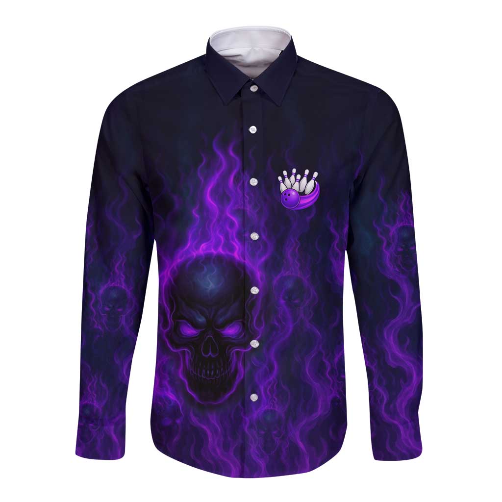 Custom Bowling Purple Flame Skull Long Sleeve Button Shirt Custom Team Name on Dark Background - Wonder Print Shop