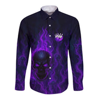 Custom Bowling Purple Flame Skull Long Sleeve Button Shirt Custom Team Name on Dark Background - Wonder Print Shop