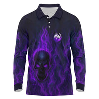 Custom Bowling Purple Flame Skull Long Sleeve Polo Shirt Custom Team Name on Dark Background - Wonder Print Shop
