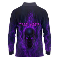 Custom Bowling Purple Flame Skull Long Sleeve Polo Shirt Custom Team Name on Dark Background - Wonder Print Shop