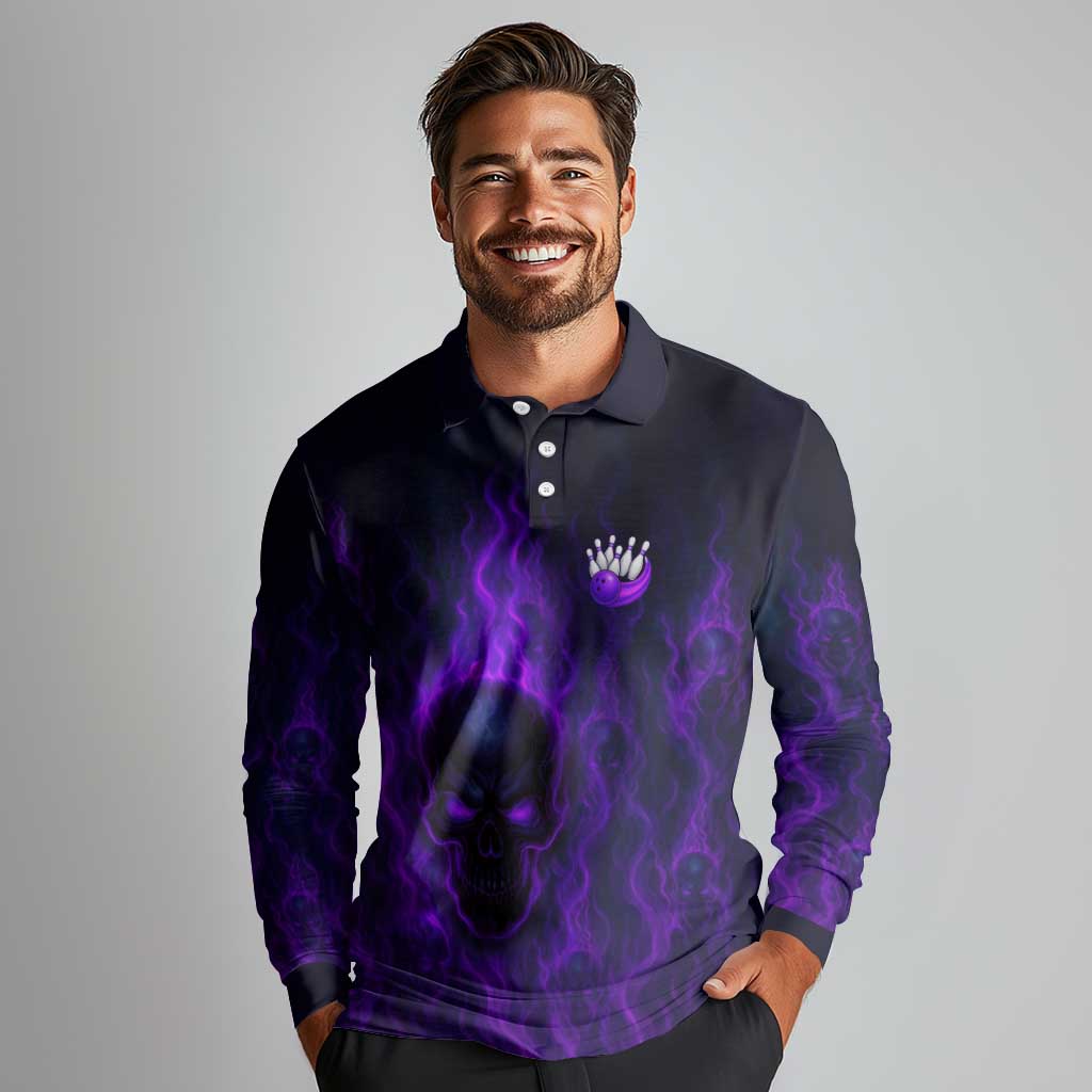 Custom Bowling Purple Flame Skull Long Sleeve Polo Shirt Custom Team Name on Dark Background - Wonder Print Shop