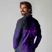Custom Bowling Purple Flame Skull Long Sleeve Polo Shirt Custom Team Name on Dark Background - Wonder Print Shop