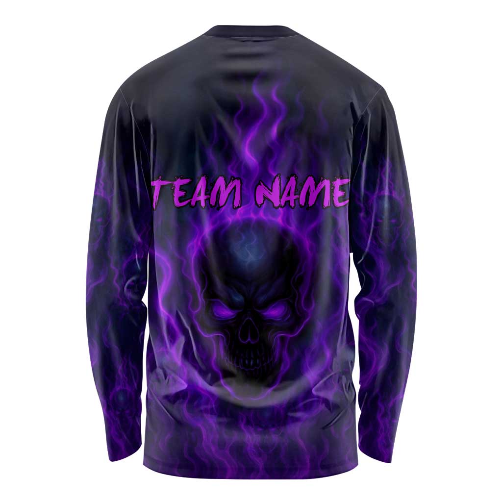 Custom Bowling Purple Flame Skull Long Sleeve Shirt Custom Team Name on Dark Background - Wonder Print Shop