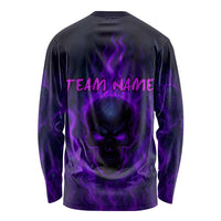 Custom Bowling Purple Flame Skull Long Sleeve Shirt Custom Team Name on Dark Background - Wonder Print Shop
