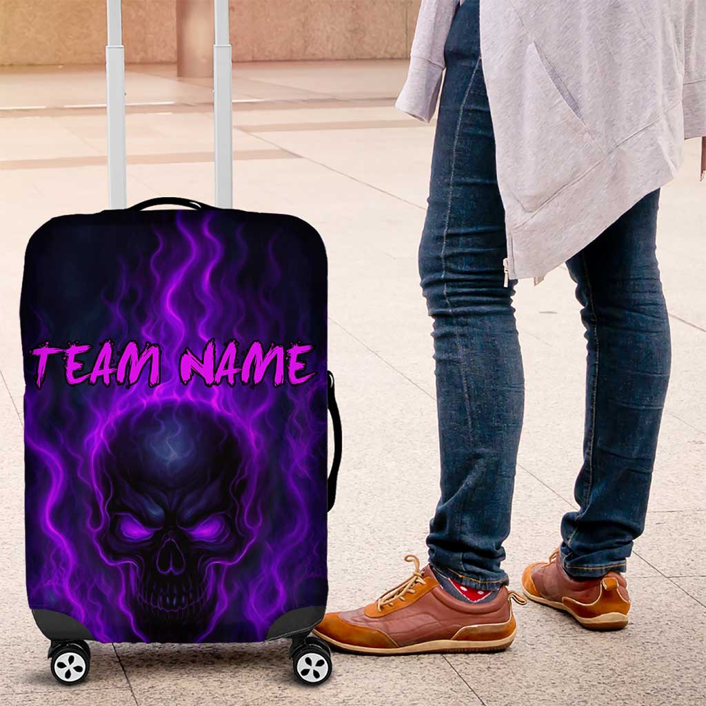 Custom Bowling Purple Flame Skull Luggage Cover Custom Team Name on Dark Background - Wonder Print Shop