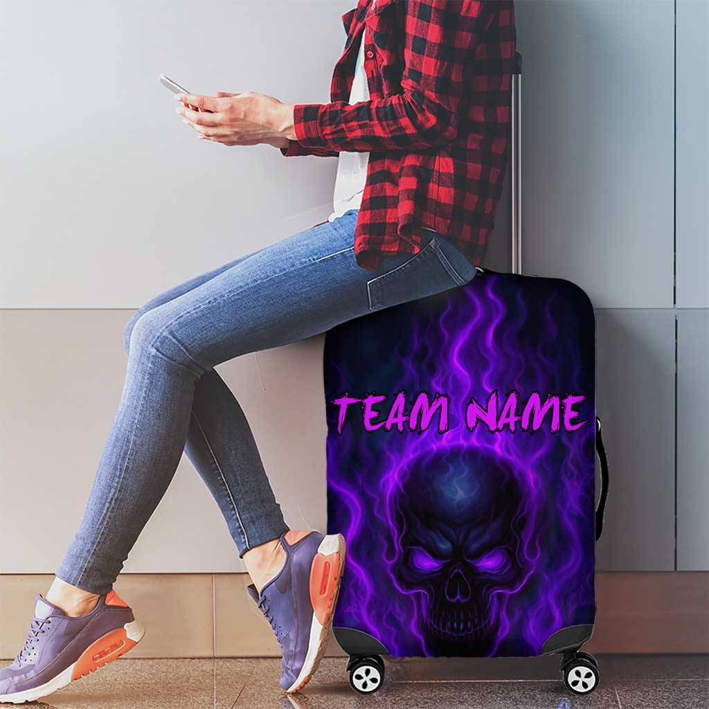Custom Bowling Purple Flame Skull Luggage Cover Custom Team Name on Dark Background - Wonder Print Shop