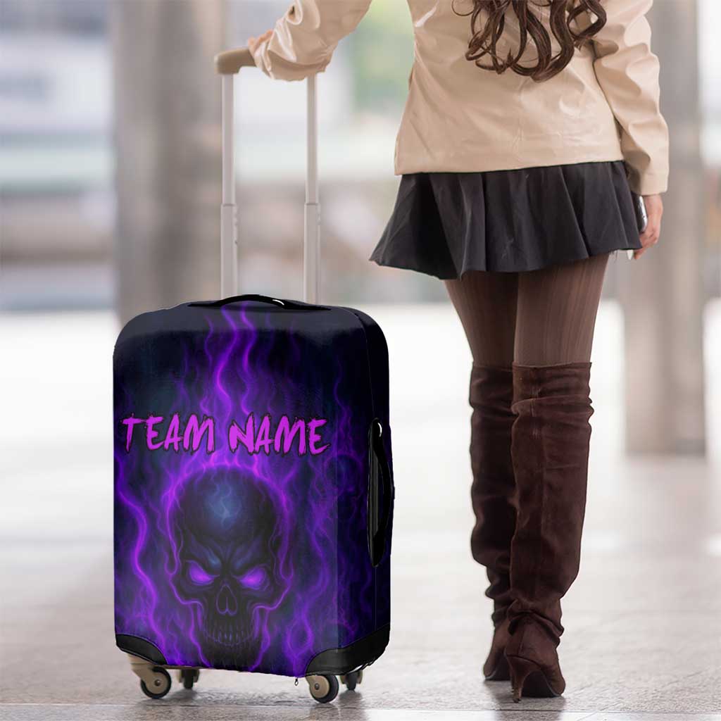 Custom Bowling Purple Flame Skull Luggage Cover Custom Team Name on Dark Background - Wonder Print Shop