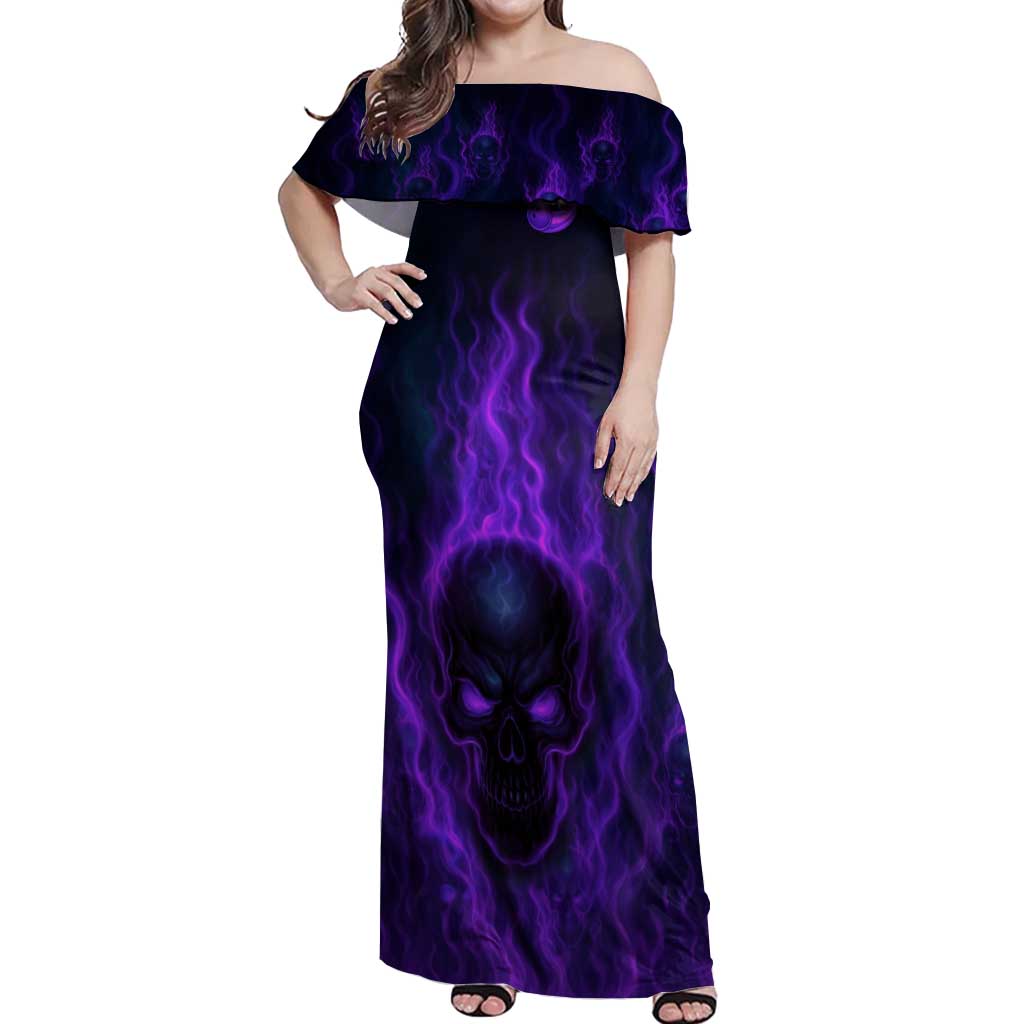 Custom Bowling Purple Flame Skull Off Shoulder Maxi Dress Custom Team Name on Dark Background - Wonder Print Shop
