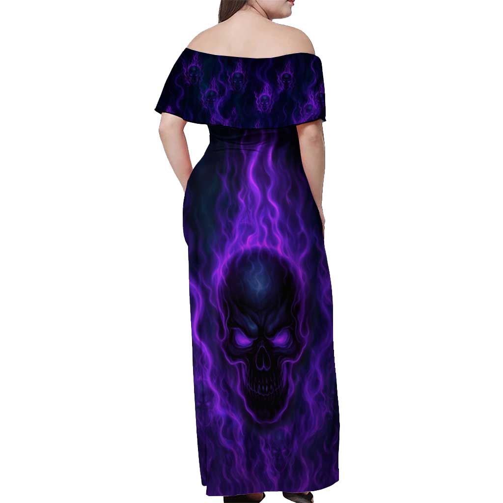 Custom Bowling Purple Flame Skull Off Shoulder Maxi Dress Custom Team Name on Dark Background - Wonder Print Shop