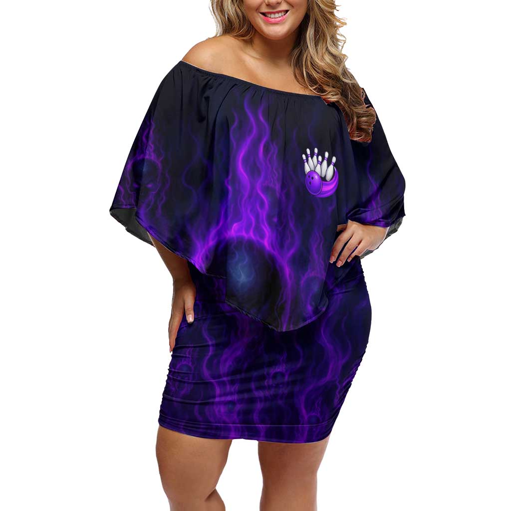 Custom Bowling Purple Flame Skull Off Shoulder Short Dress Custom Team Name on Dark Background - Wonder Print Shop