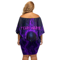 Custom Bowling Purple Flame Skull Off Shoulder Short Dress Custom Team Name on Dark Background - Wonder Print Shop