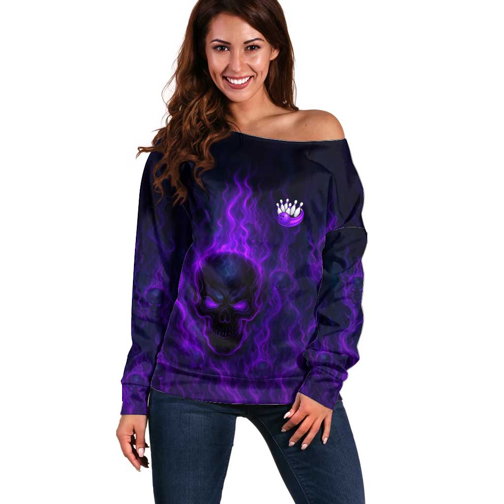 Custom Bowling Purple Flame Skull Off Shoulder Sweater Custom Team Name on Dark Background - Wonder Print Shop