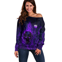 Custom Bowling Purple Flame Skull Off Shoulder Sweater Custom Team Name on Dark Background - Wonder Print Shop