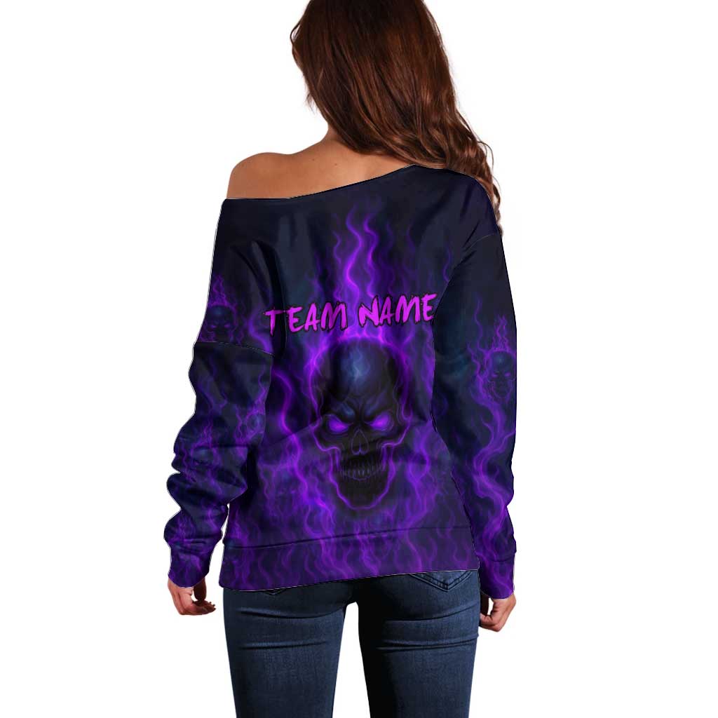 Custom Bowling Purple Flame Skull Off Shoulder Sweater Custom Team Name on Dark Background - Wonder Print Shop