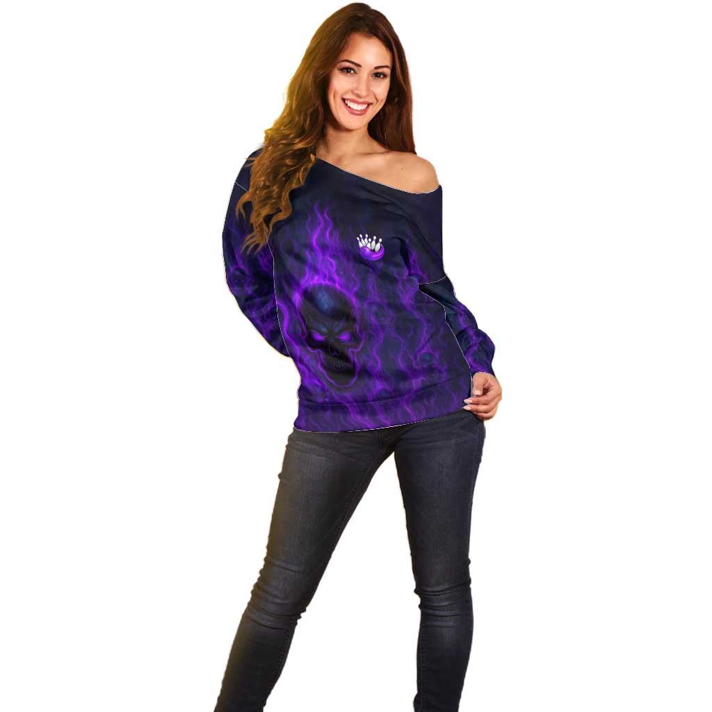Custom Bowling Purple Flame Skull Off Shoulder Sweater Custom Team Name on Dark Background - Wonder Print Shop