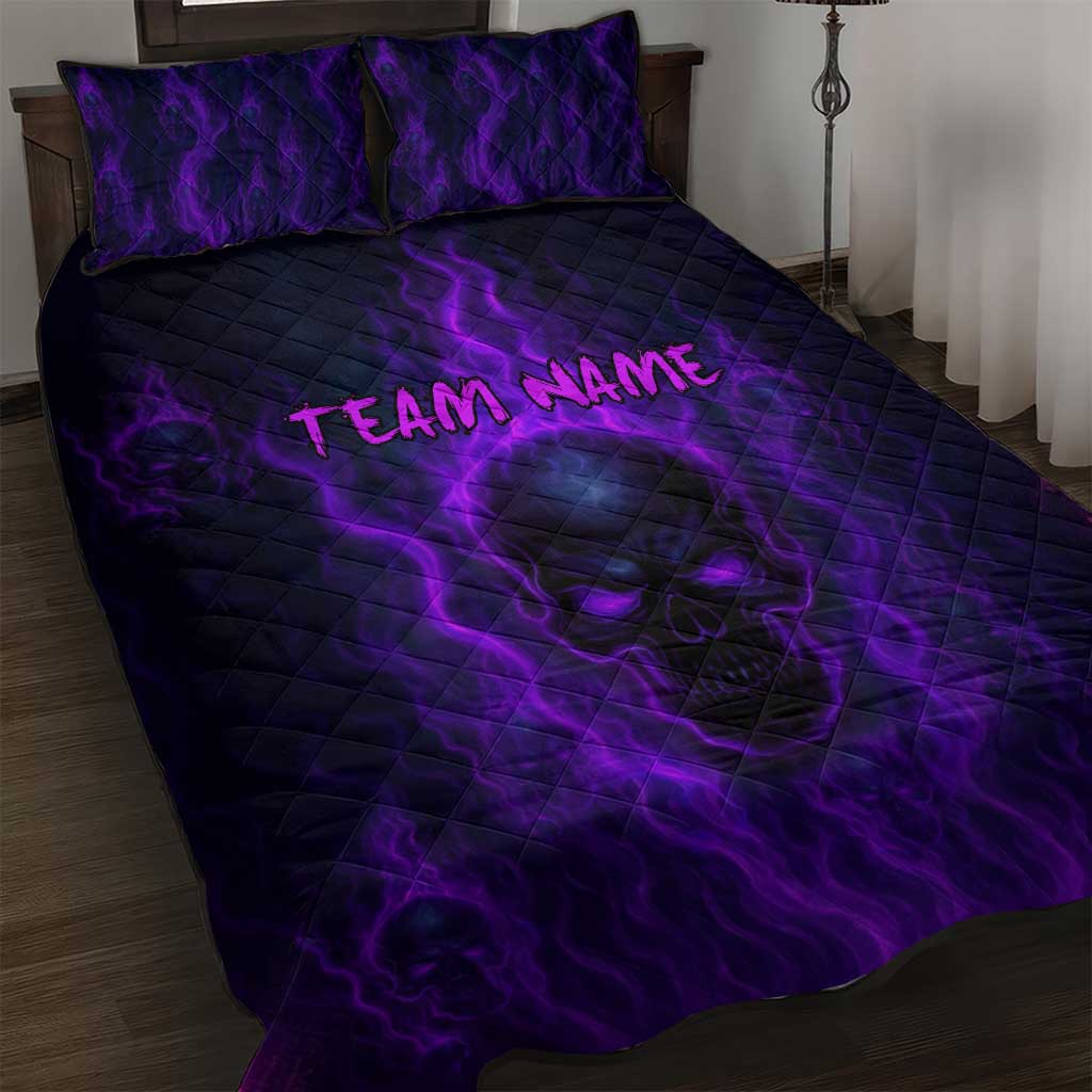 Custom Bowling Purple Flame Skull Quilt Bed Set Custom Team Name on Dark Background - Wonder Print Shop