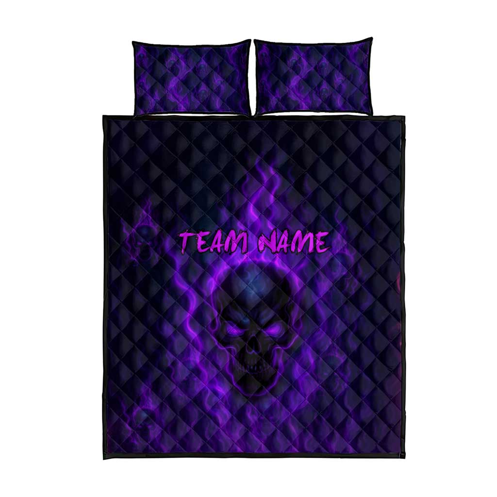 Custom Bowling Purple Flame Skull Quilt Bed Set Custom Team Name on Dark Background - Wonder Print Shop