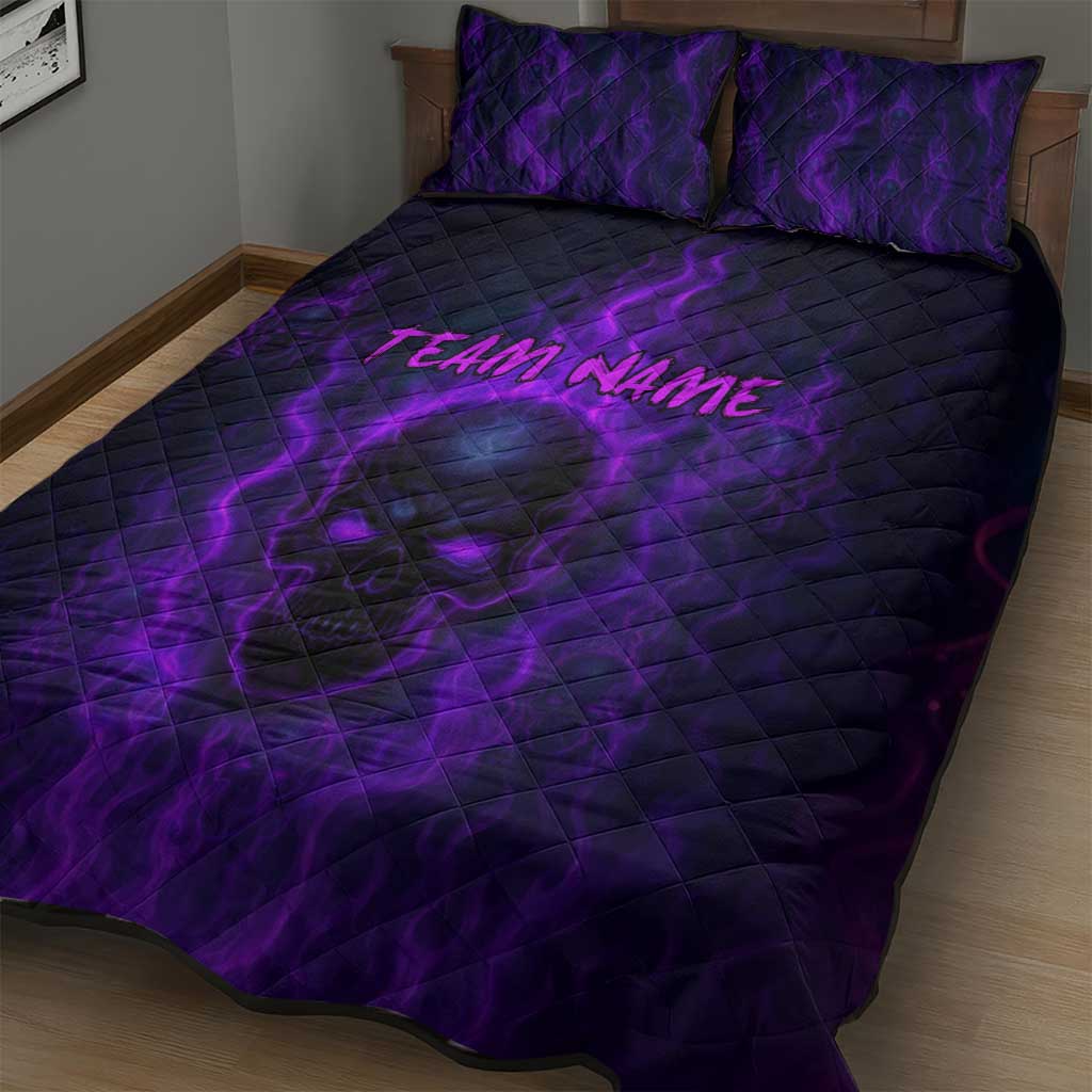 Custom Bowling Purple Flame Skull Quilt Bed Set Custom Team Name on Dark Background - Wonder Print Shop