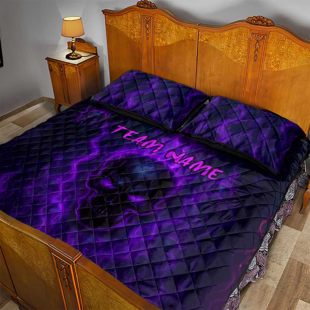 Custom Bowling Purple Flame Skull Quilt Bed Set Custom Team Name on Dark Background - Wonder Print Shop