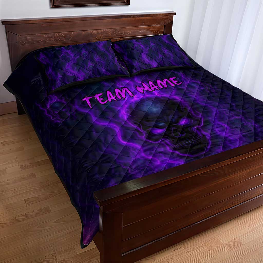 Custom Bowling Purple Flame Skull Quilt Bed Set Custom Team Name on Dark Background - Wonder Print Shop