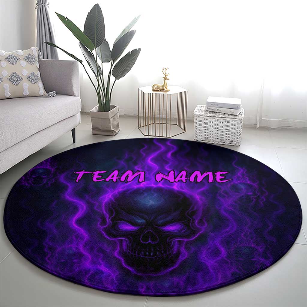 Custom Bowling Purple Flame Skull Round Carpet Custom Team Name on Dark Background - Wonder Print Shop