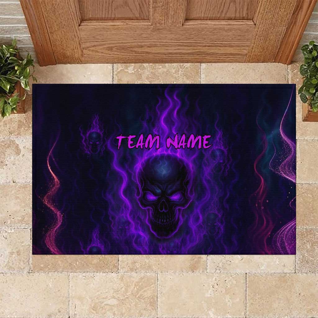 Custom Bowling Purple Flame Skull Rubber Doormat Custom Team Name on Dark Background - Wonder Print Shop