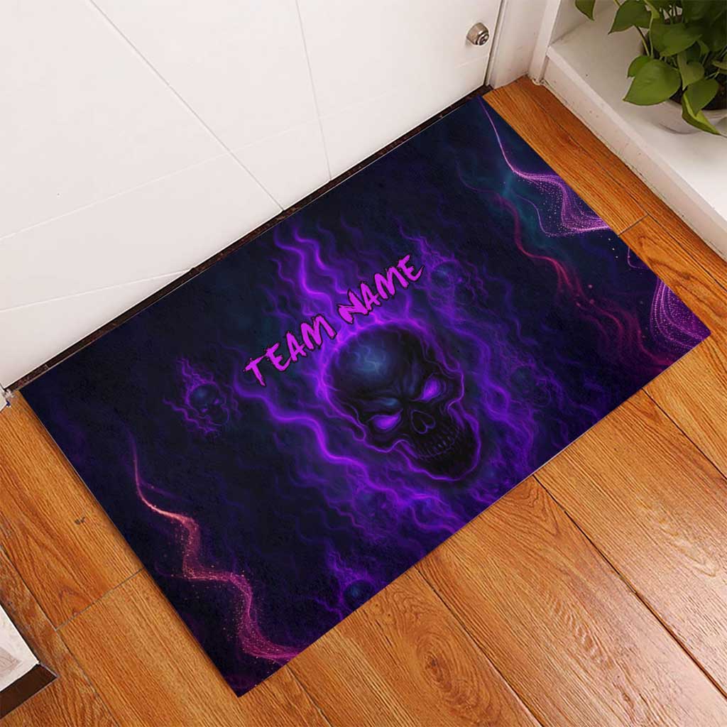 Custom Bowling Purple Flame Skull Rubber Doormat Custom Team Name on Dark Background - Wonder Print Shop