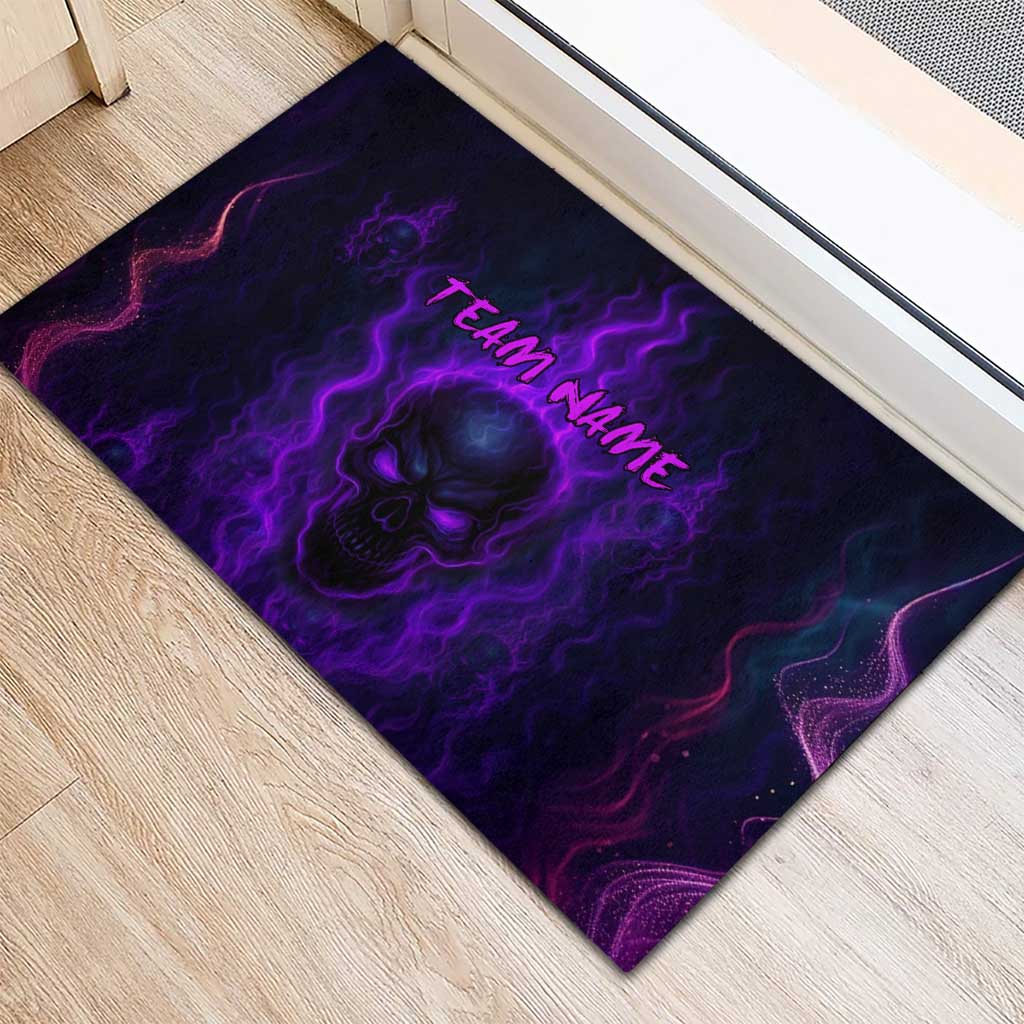 Custom Bowling Purple Flame Skull Rubber Doormat Custom Team Name on Dark Background - Wonder Print Shop