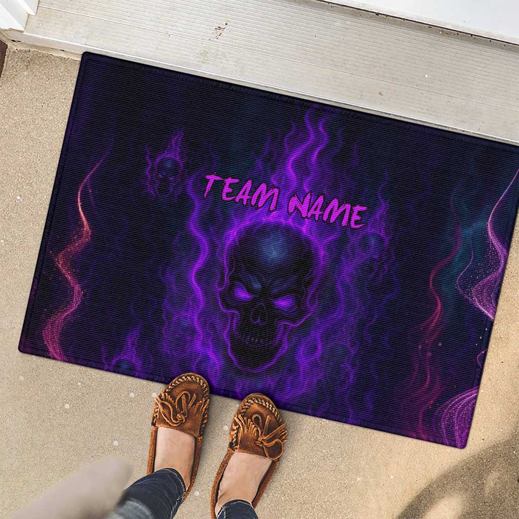 Custom Bowling Purple Flame Skull Rubber Doormat Custom Team Name on Dark Background - Wonder Print Shop