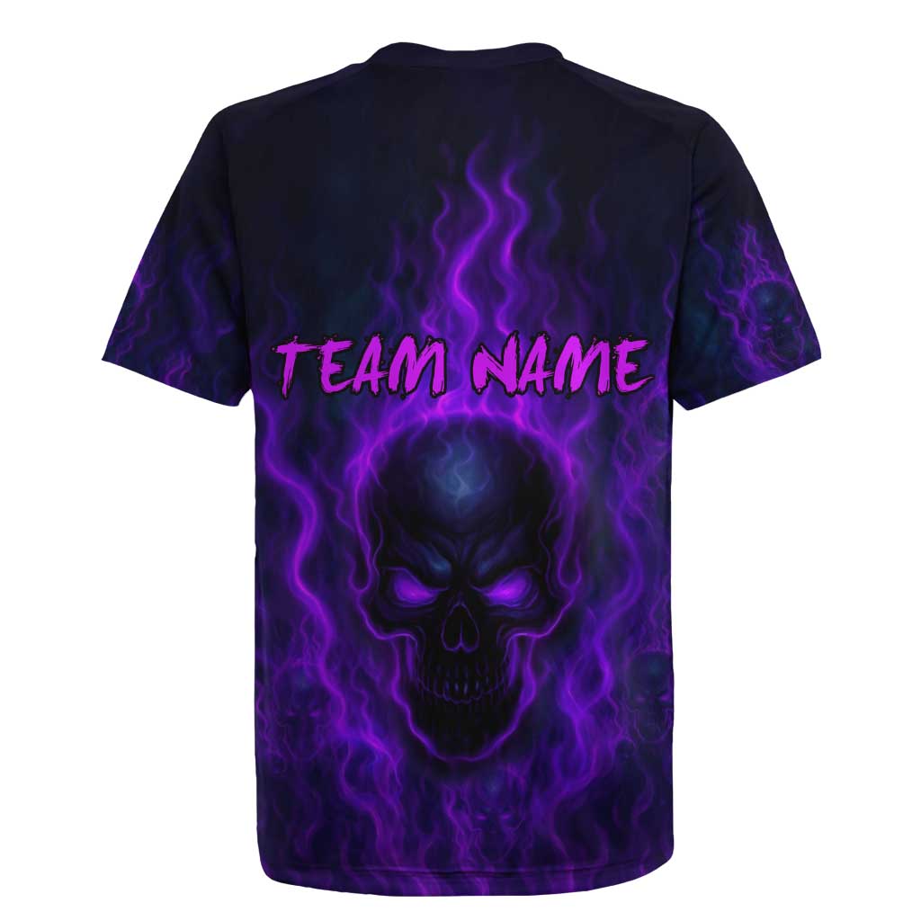 Custom Bowling Purple Flame Skull Rugby Jersey Custom Team Name on Dark Background - Wonder Print Shop