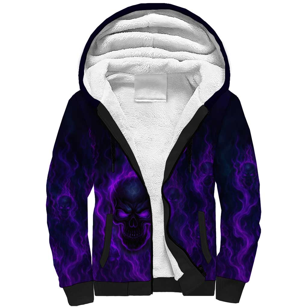 Custom Bowling Purple Flame Skull Sherpa Hoodie Custom Team Name on Dark Background - Wonder Print Shop