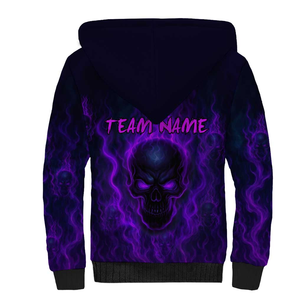 Custom Bowling Purple Flame Skull Sherpa Hoodie Custom Team Name on Dark Background - Wonder Print Shop