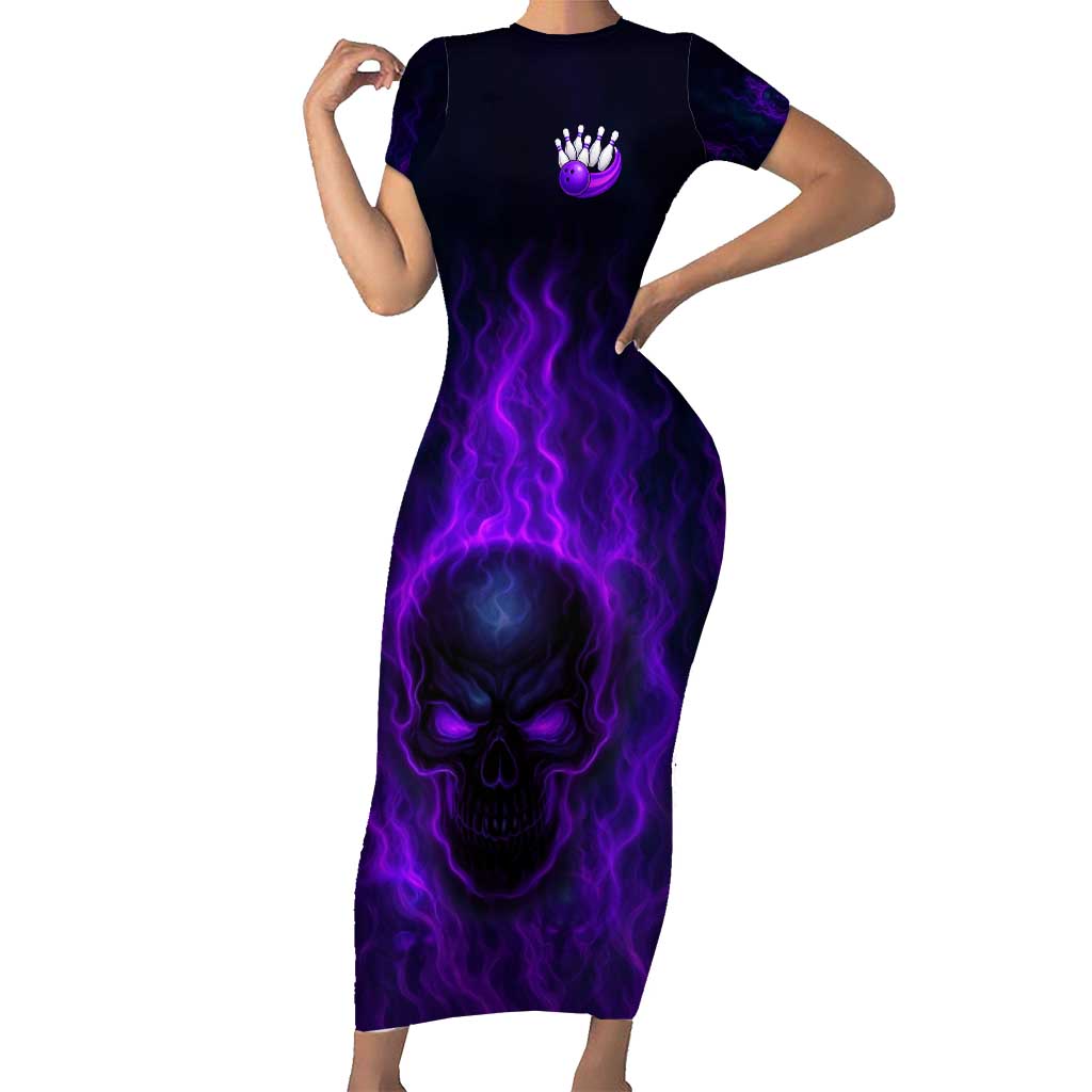 Custom Bowling Purple Flame Skull Short Sleeve Bodycon Dress Custom Team Name on Dark Background - Wonder Print Shop