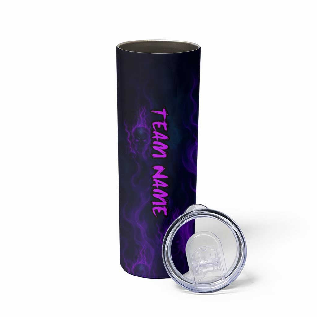 Custom Bowling Purple Flame Skull Skinny Tumbler Custom Team Name on Dark Background - Wonder Print Shop