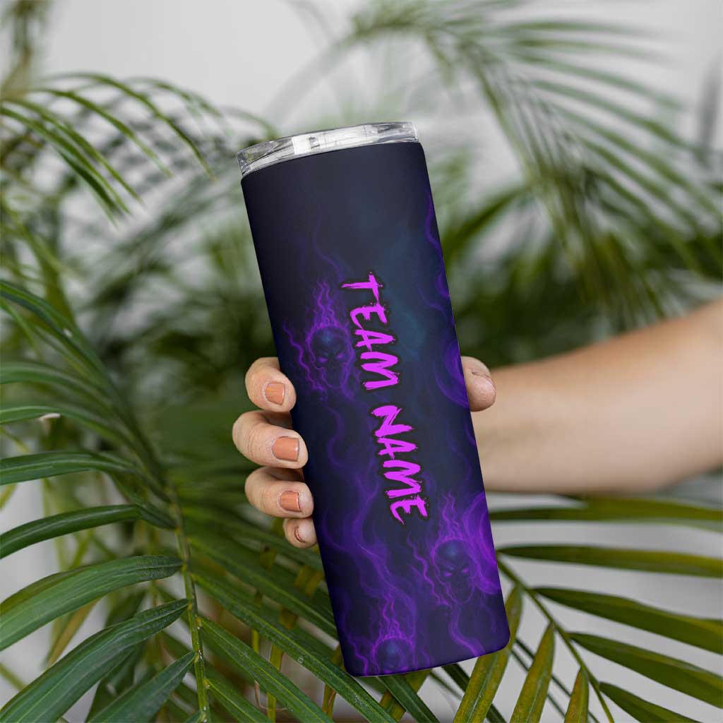 Custom Bowling Purple Flame Skull Skinny Tumbler Custom Team Name on Dark Background - Wonder Print Shop
