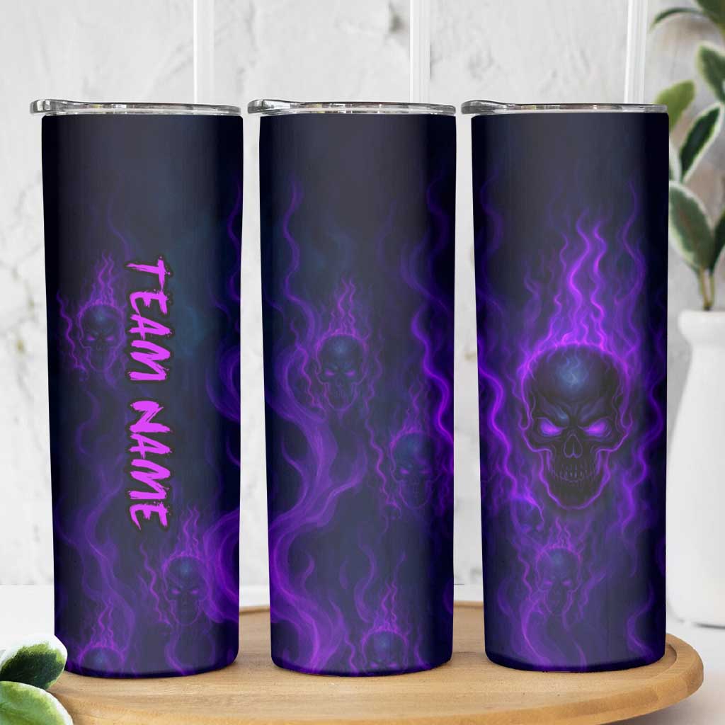 Custom Bowling Purple Flame Skull Skinny Tumbler Custom Team Name on Dark Background - Wonder Print Shop