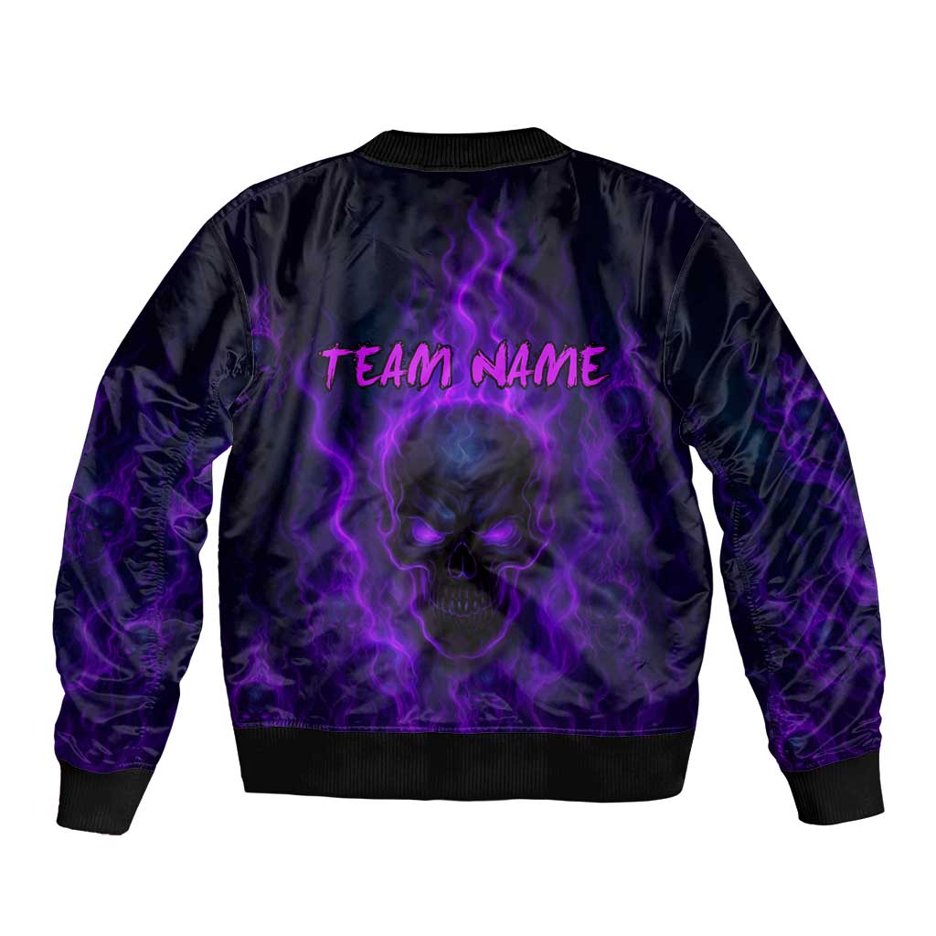 Custom Bowling Purple Flame Skull Sleeve Zip Bomber Jacket Custom Team Name on Dark Background - Wonder Print Shop