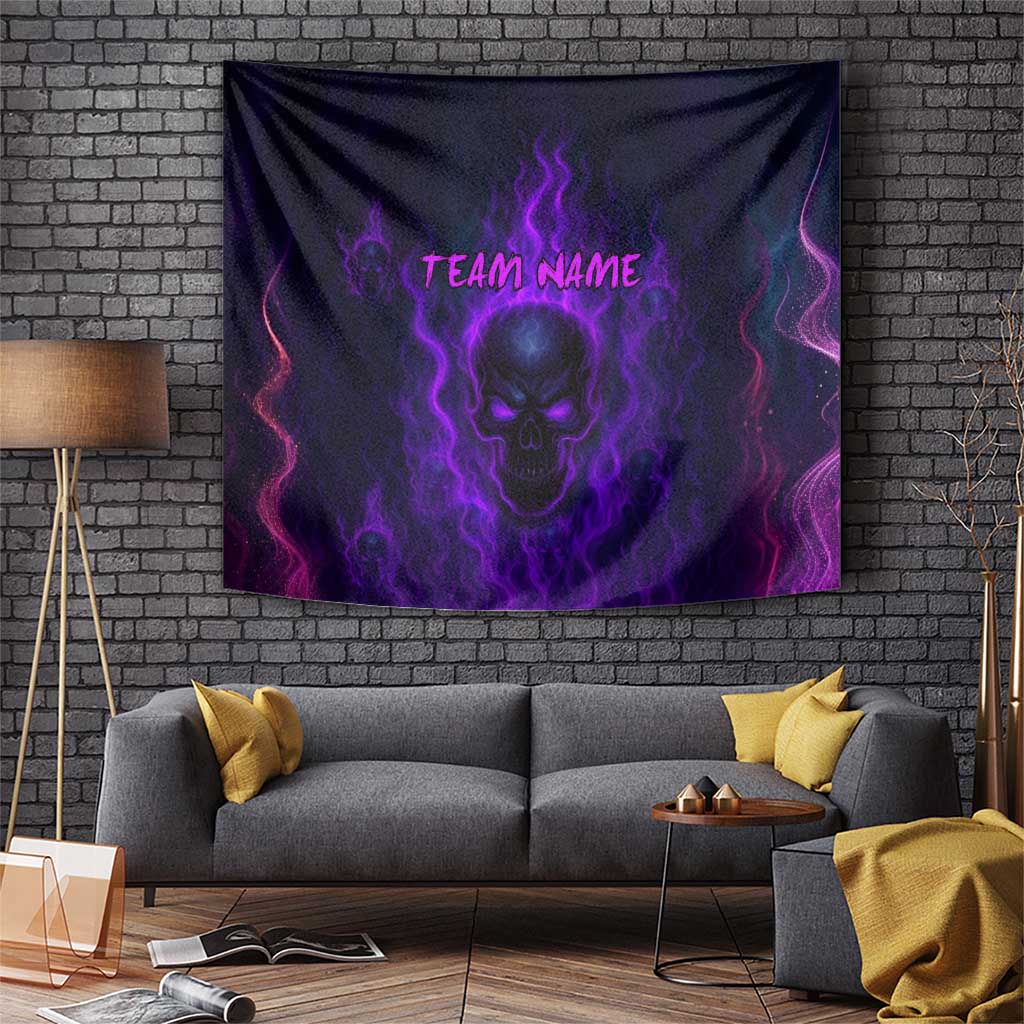Custom Bowling Purple Flame Skull Tapestry Custom Team Name on Dark Background - Wonder Print Shop