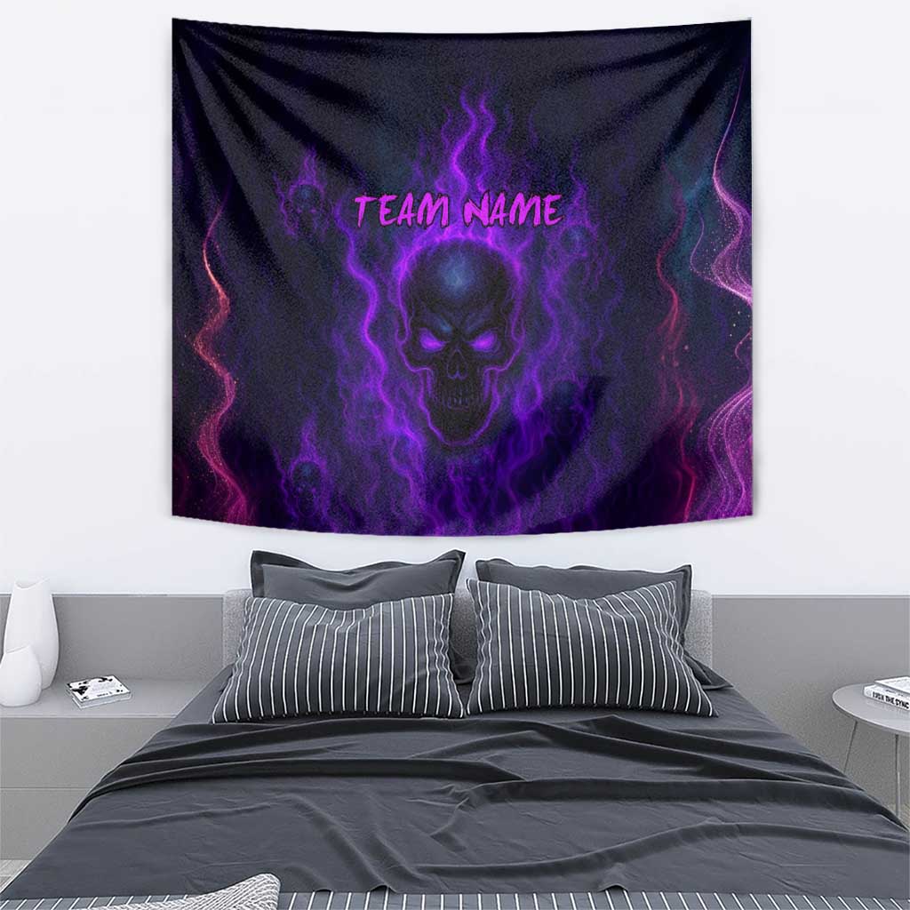 Custom Bowling Purple Flame Skull Tapestry Custom Team Name on Dark Background - Wonder Print Shop